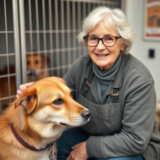 an elderly, female animal shelter volunteer with a dog