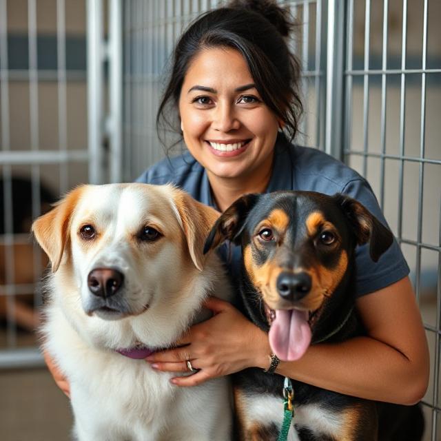 an adult, female shelter employee with a dog