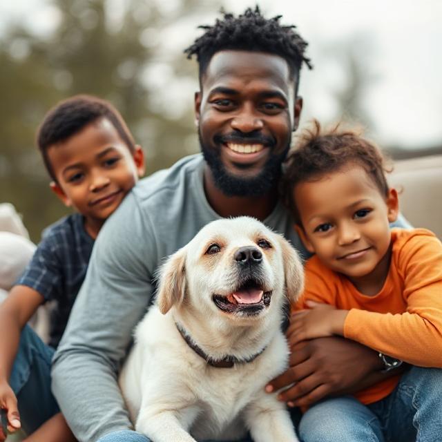 A middle-aged, male, office worker with two kids and a dog