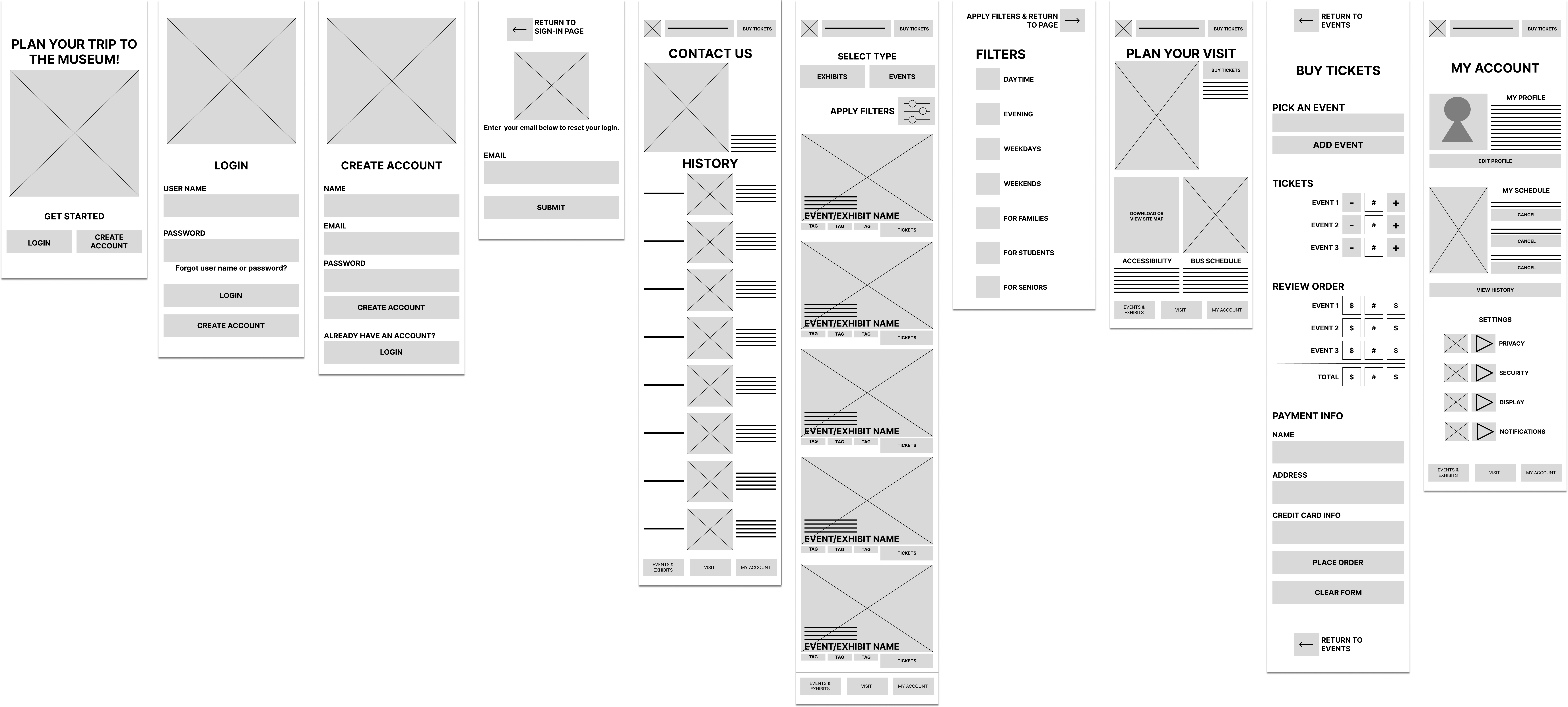 low-fidelity wireframes for the art app