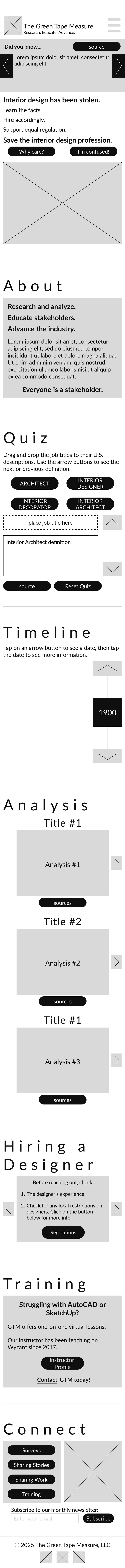 low-fidelity wireframes for the website on a phone