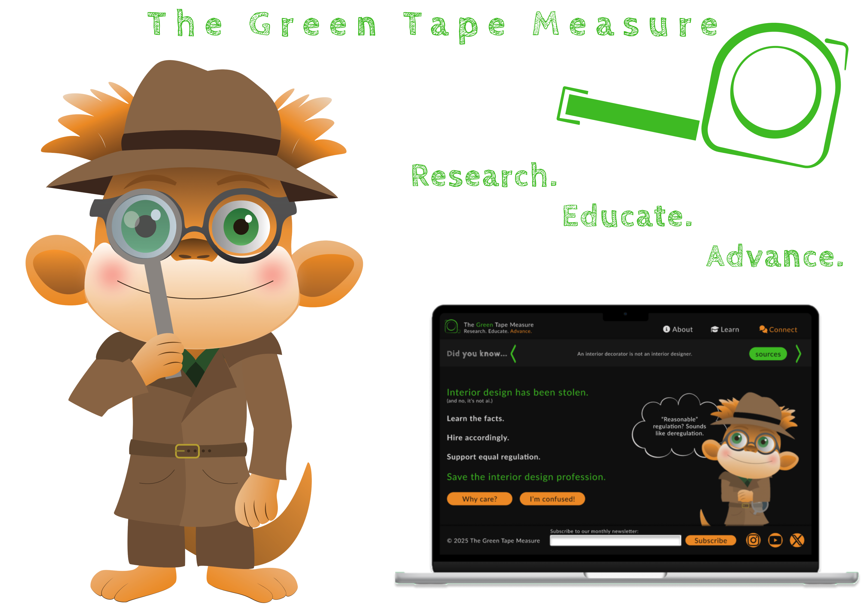 Image of the Green Tape Measure website on a laptop along with an image of the company's mascot