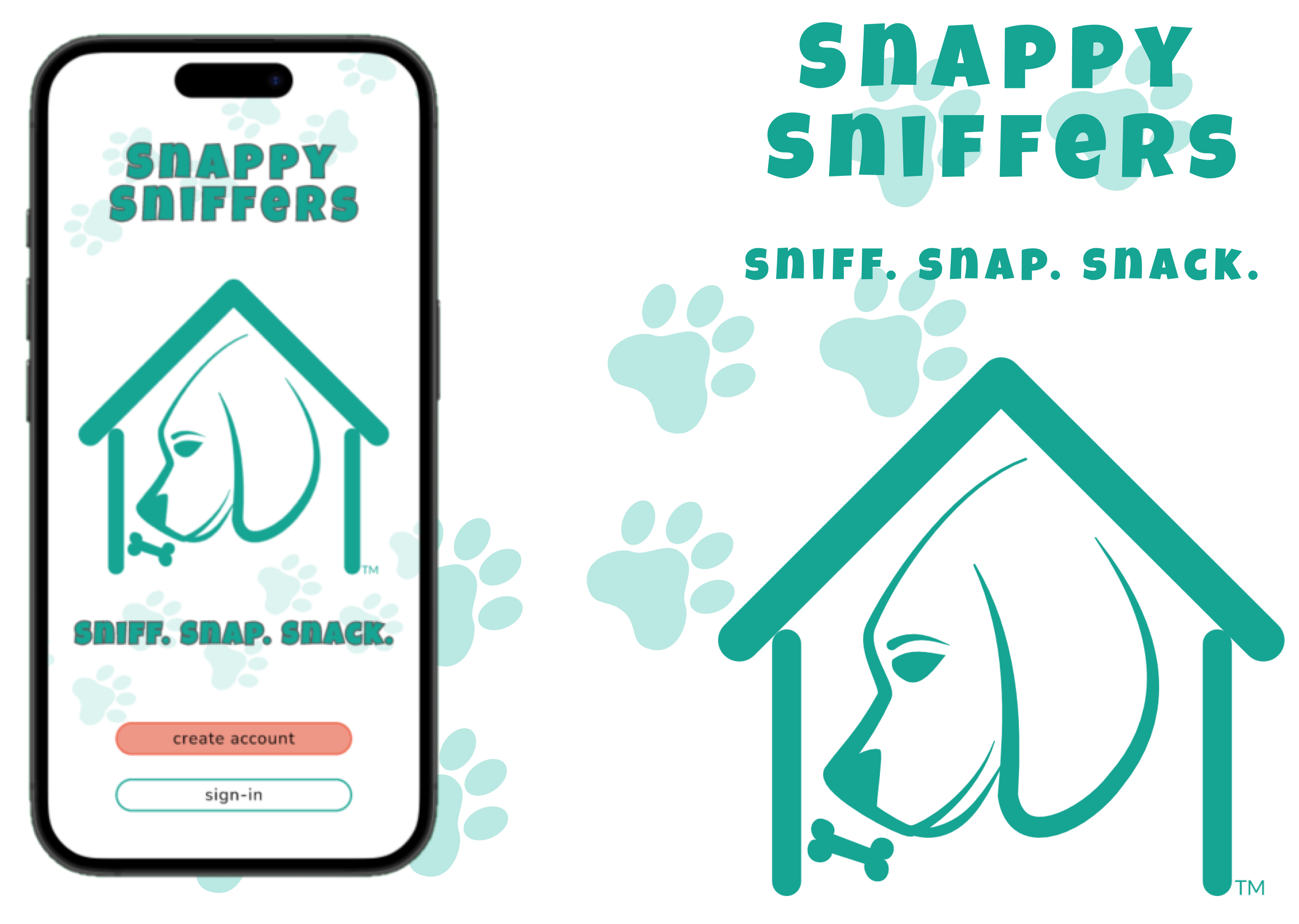 Image of the Snappy Sniffers app on a smart phone with paw prints in the background and the company logo in the foreground
