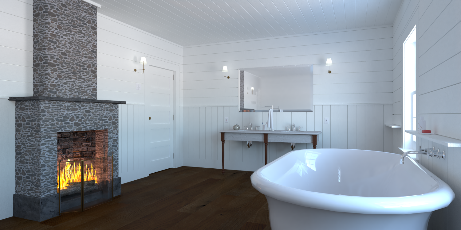 Rendering of a bathroom that is part of the overall set for a ranch on the show Ransom Canyon
