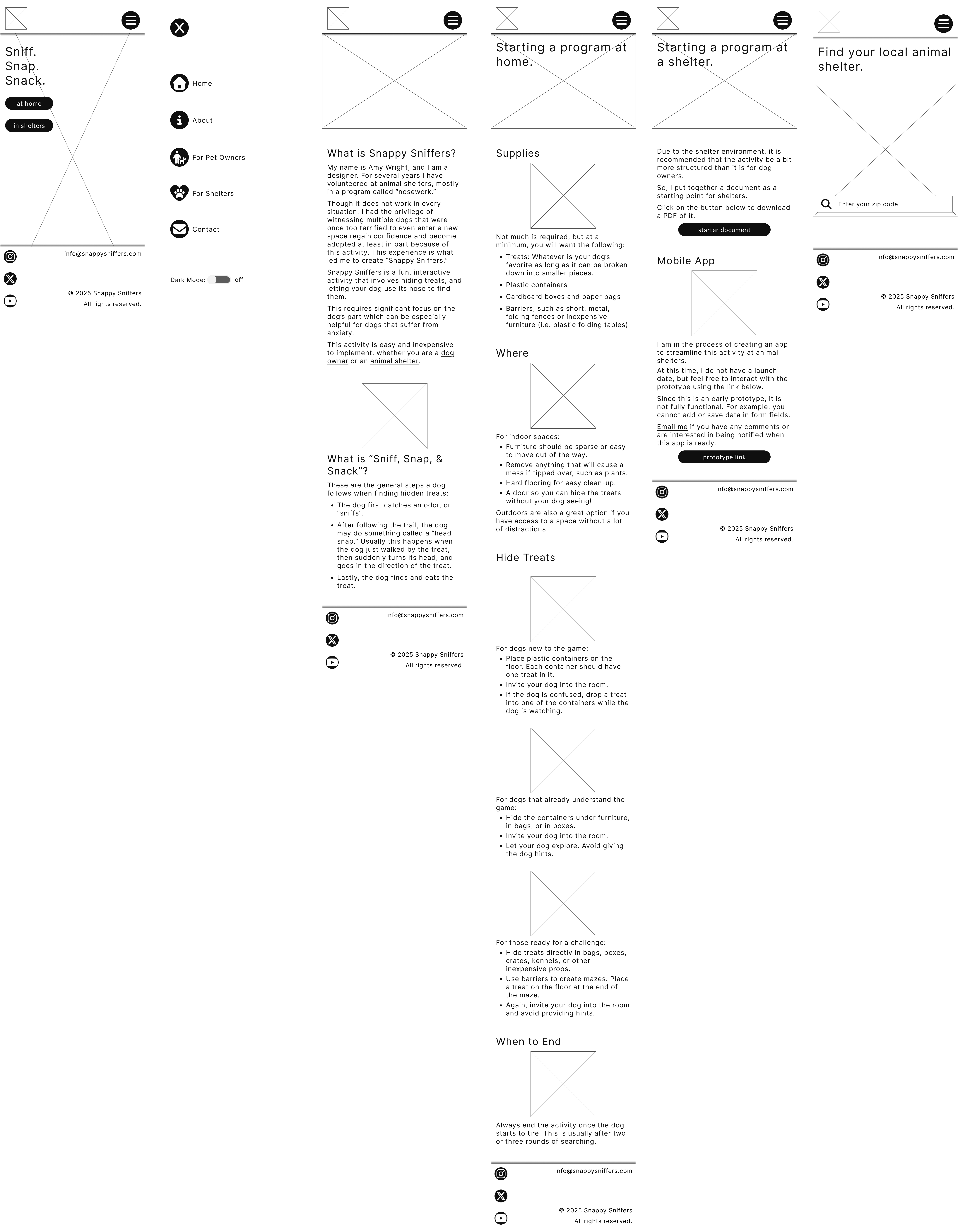 low-fidelity wireframes for the scent work website